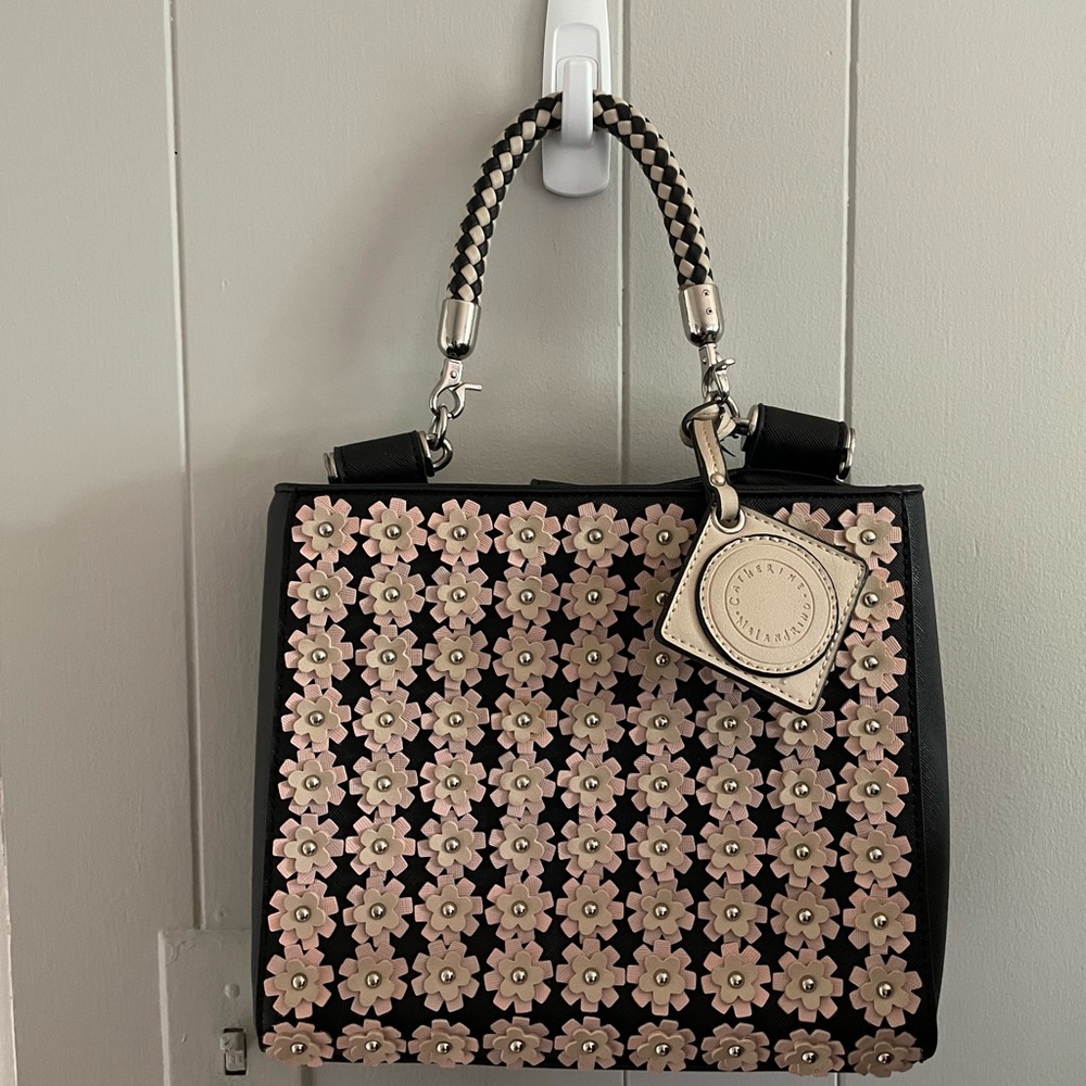 CATHERINE MALANDRINO BLACK & PINK FLORAL HANDBAG W CROSSBODY STRAP VEGAN LEATHER - Picture 7 of 7